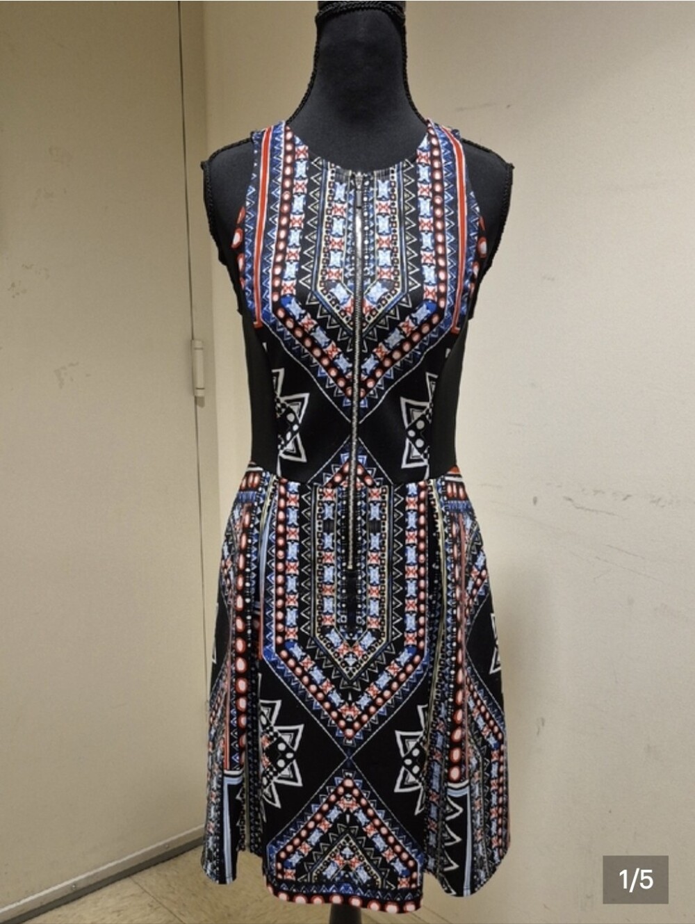 Sleeveless Black Tribal Print A-Line Dress - Picture 1 of 6